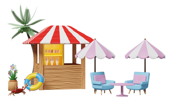 shop store cafe with ice cream showcases or fridge, coffee table, umbrella, palm tree, lifebuoy, sofa chair isolated. 3d illustration or 3d render png