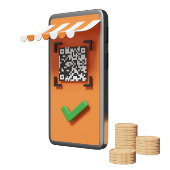 3d orange mobile phone or smartphone with store front, barcode, qr code scanning, check mark, coins isolated. online shopping concept, 3d render illustration png