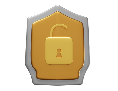 shield with golden unlock isolated. Internet security or privacy protection or ransomware protect concept, 3d illustration or 3d render png