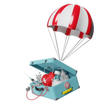 parachute with first aid kit, stethoscope, syringe, red heart and blood pressure heart rate isolated. health love or world heart day concept, 3d illustration or 3d render png