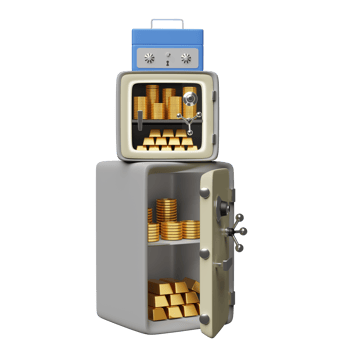 Safe box full of coins stack and gold bar isolated. business banking concept ,3d illustration or 3d render png