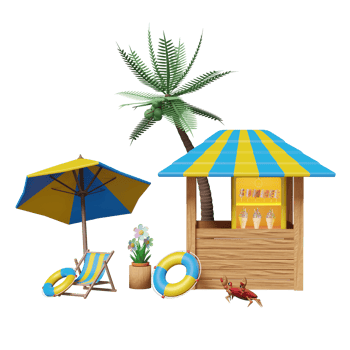 shop store cafe with ice cream showcases or fridge, umbrella, palm tree, lifebuoy, beach chair, umbrella, crab isolated. summer travel concept, 3d illustration or 3d render png