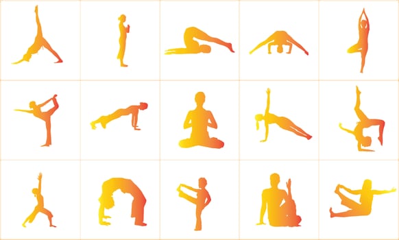 Set of vector icons of woman doing yoga exercises. Silhouettes of flexible girl stretching her body in different yoga poses. Gradient color shapes of woman isolated on white background.