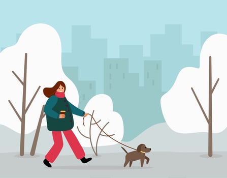 Walk Your Dog Month. The girl is walking her dog. Flat style. Vector illustration.