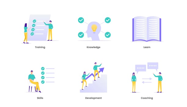 Capacity building vector illustration concept web icons. Training, learning, knowledge, skills, coaching, support and development icons. Suitable for ui, ux, web, mobile, banner and infographic.