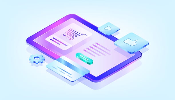 Online shopping. Design graphic elements, signs, symbols. Mobile marketing and digital marketing. 3D Gradient Isometric Illustrations. Suitable for ui, ux, web, mobile, banner and infographic. vector