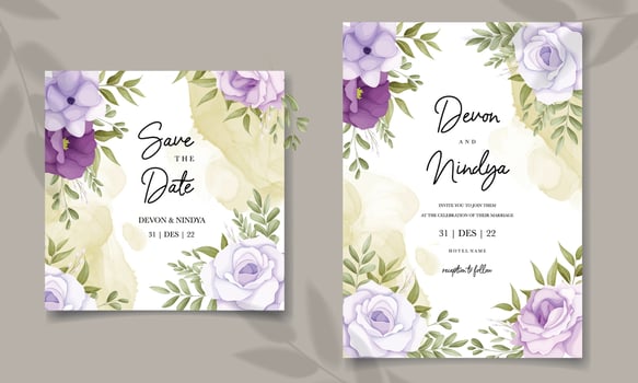 wedding invitation with pretty purple flowers vector
