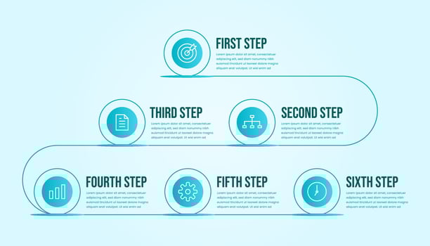 Business infographic six steps. Modern timeline infographic template with tosca or blue color theme. vector