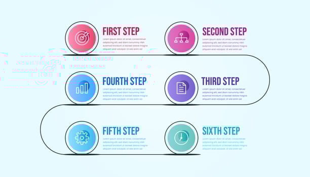 Business infographic six steps. Colorful modern timeline infographic template. vector