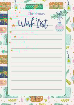 Cute Christmas Wish List. Colorful template for Winter holiday. Digital paper. Hand drawn vector illustration.