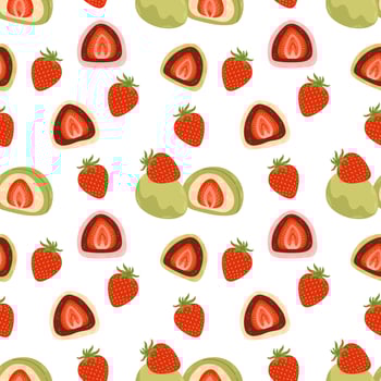 Daifuku seamless pattern vector. Daifuku and strawberries on white background. Daifuku is Japanese desserts. Vector illustration