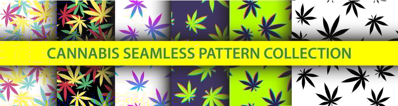 420 Seamless Pattern Collection. Psychedelic graphic vector set. Marijuana inspired design pack. 3D Pot silhouettes. Reggae background with cannabis leaves. Textile visual content.