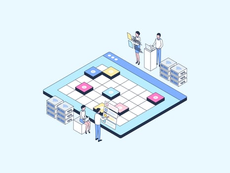 Business event schedule Isometric Illustration Lineal Color. Suitable for Mobile App, Website, Banner, Diagrams, Infographics, and Other Graphic Assets. vector
