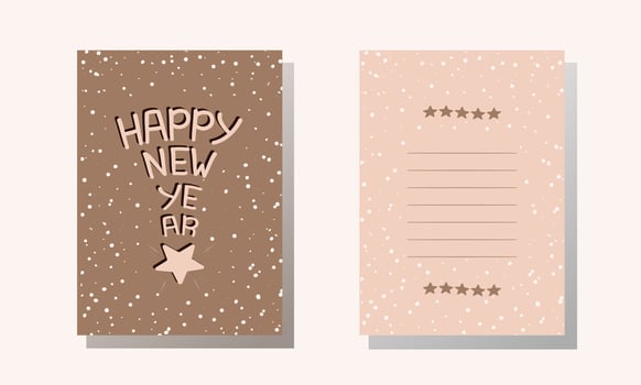 Postcards Happy New Year with star. Beige and pink. Cover and back for card. Vector illustration.