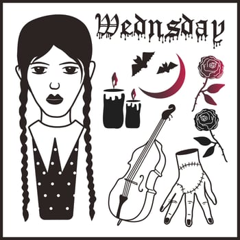Set with Wednesday Addams with her friend Thing hand, double bass, candles with mystical mood. vector