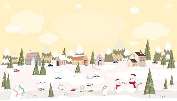 Christmas greeting card of winter wonderland landscape in village,Vector illustration background small town in countryside with farm house pine tree,snow man and cute porabear playing outside vector