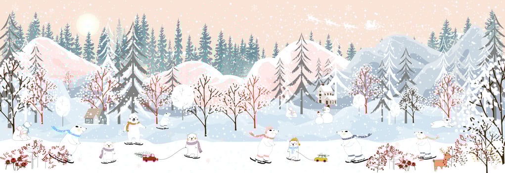 Winter landscape in city with polar bear celebrating on Christmas eve.Winter wonderland in the town with happy bears sledding and skating in the park vector