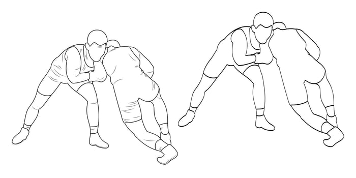 Silhouette outline athletes wrestlers in wrestling, duel, fight. Sketch line drawing greco roman, freestyle, classical wrestling. vector