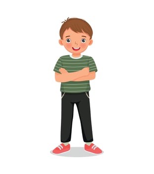 cute little boy standing with arms crossed pose vector