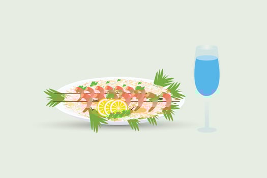 Shrimps with lemon and glass off water vector illustration