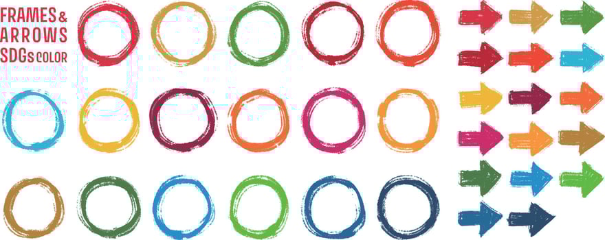 Hand drawn grunge circle frames and arrows, 17 SDGs colors vector