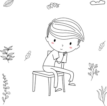 Hand Drawn Cartoon Happy Kids, Stock Vector - Imagination illustration, boy sitting on a chair after waking up