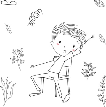Hand Drawn Cartoon Happy Kids, Stock Vector - Imagination illustration, boy sitting on a chair after waking up