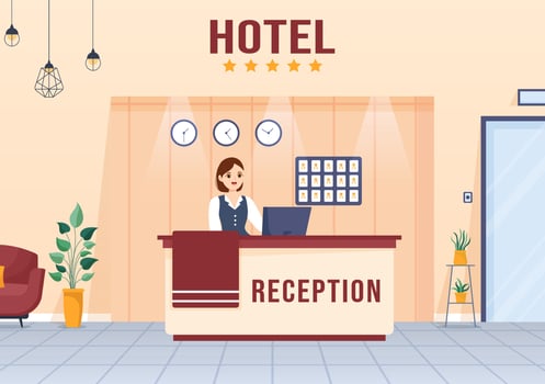 Hotel Reception Interior with Receptionist People and Travelers for Booking in Flat Cartoon Hand Drawn Template Illustration vector