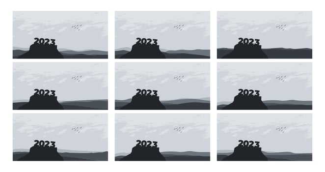 Collection Happy New year 2023 with large silhouette letters on the mountain with a beautiful sunset for success concept. new year concept vector