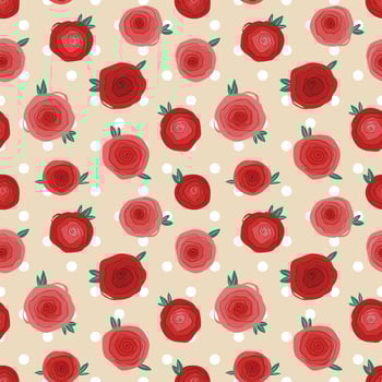 Seamless background with rose pattern on polka dots. Wrapping paper pattern. vector