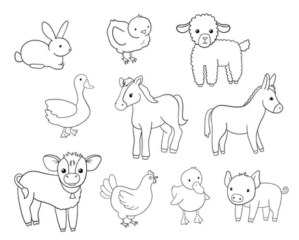 Cute outline calf, horse, pig and duck. Hand drawn line illustration isolated on white background. Funny Farm animals set for coloring book vector