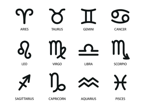 Horoscope Symbols. Star Constellations of 12 Zodiac Signs. Vector illustration of black Astrological signs  for calendar, horoscope isolated on a background