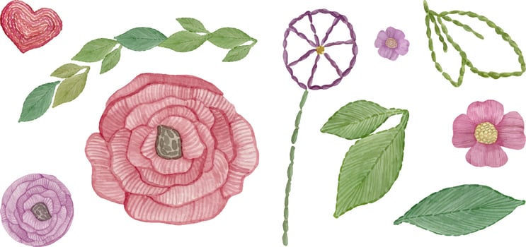 Watercolor embroidered red and purple flowers, green leaves and hearts vector