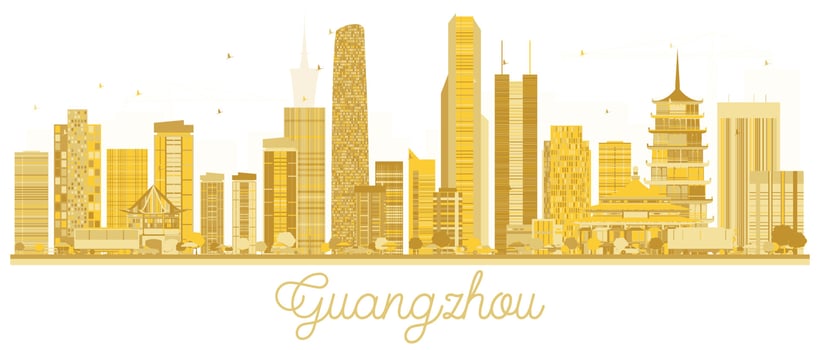 Guangzhou City skyline golden silhouette. vector