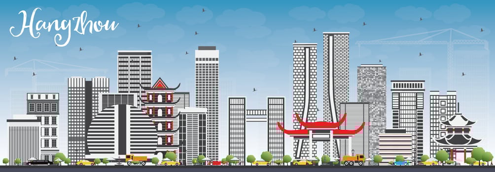 Hangzhou Skyline with Gray Buildings and Blue Sky. vector