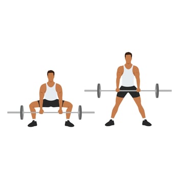Man doing Sumo Barbell deadlifts exercise. Flat vector illustration isolated on white background