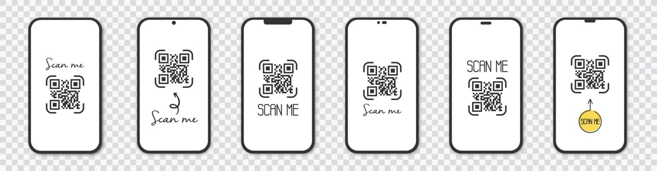 Set realistic smartphone with qr code scanner. Scan me. vector