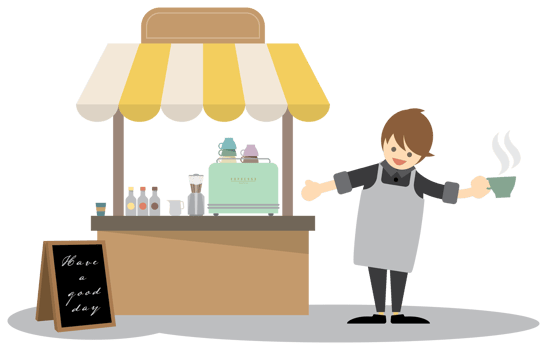 Barista with a cup of hot drinks and coffee shop kiosk illustration. Street cafe flat design. png