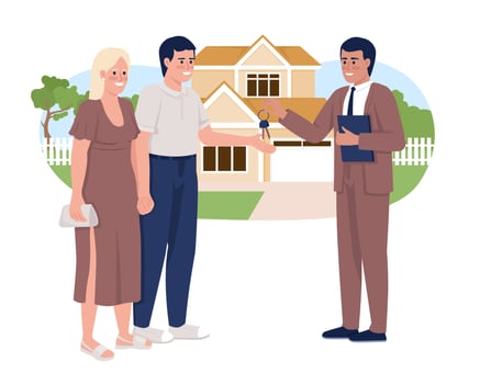 Buying house with yard 2D vector isolated illustration. Happy estate owners. Purchasing home flat characters on cartoon background. Colorful editable scene for mobile, website, presentation