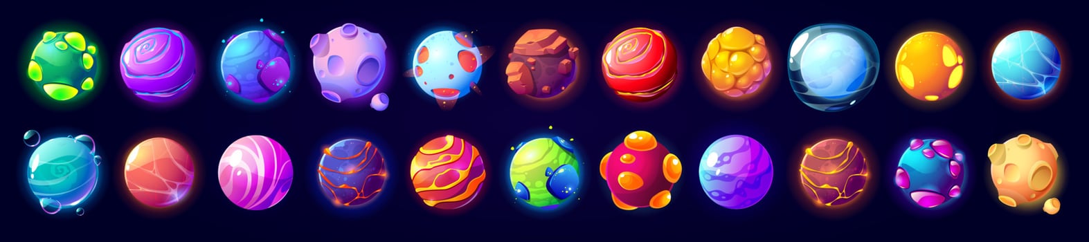 Alien space planets, cartoon fantastic comets vector
