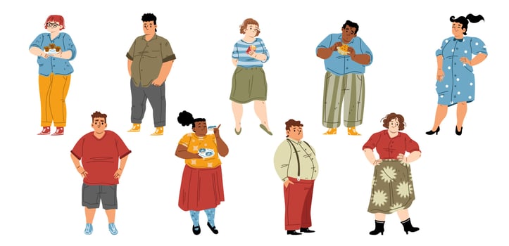 Set of fat people, body positive, unhealthy eating vector