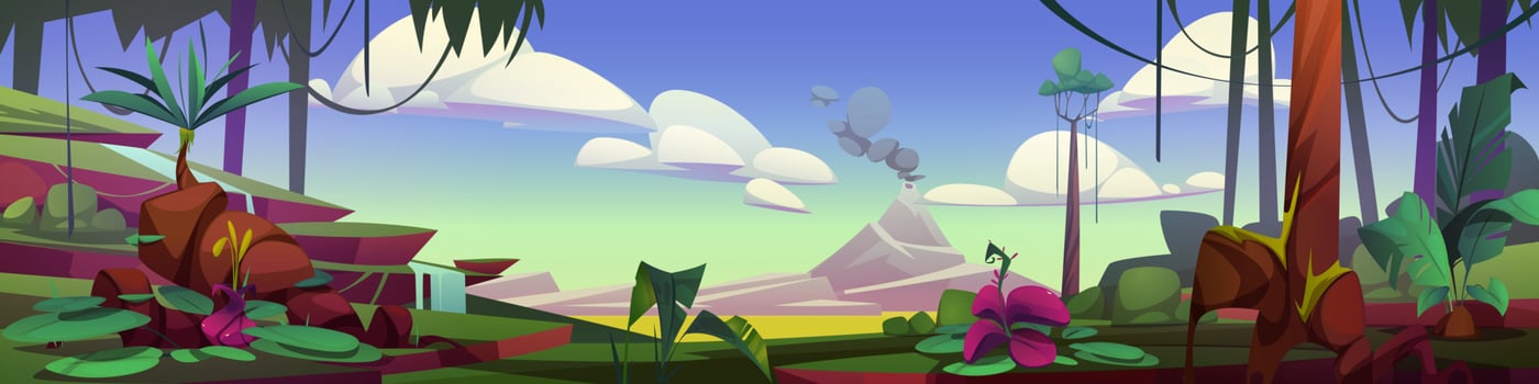 Prehistoric landscape, cartoon tropical background vector