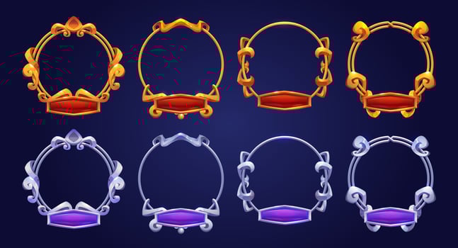 Ui game frames for avatar, gold and silver borders vector