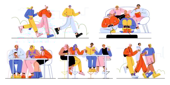 Friends spend time together, happy people meeting vector
