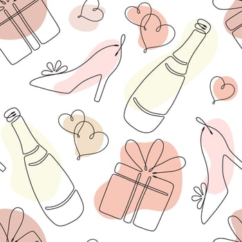 Seamless pattern with single line drawing of romantic symbols. Hearts, gift box, wedding shoe. Pastel color spots on background. Decoration for Wedding and Valentines day. Vector