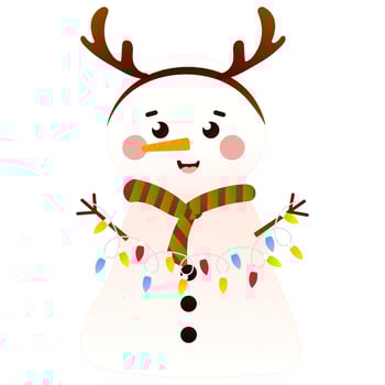 Cute snowman with reindeer headband holding christmas lights garland in cartoon style, isolated on white background vector