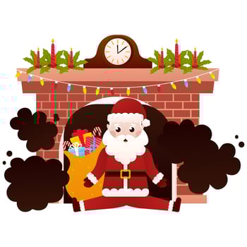 Santa Claus character sitting near christmas fireplace with bag of gifts in cartoon style on white background vector