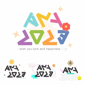 Set of trendy colorful Happy New Year lettering. Clipart for typographic design with decoration element. Isolated vector illustrations.