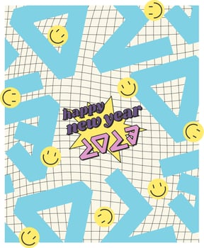 Happy New Year with smiley face design. 2023 trendy lettering design. Holiday Vector Illustration.