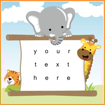 Vector cartoon of happy animals with board template. For invite card, greeting card, gift card, etc. Elephant, giraffe, tiger